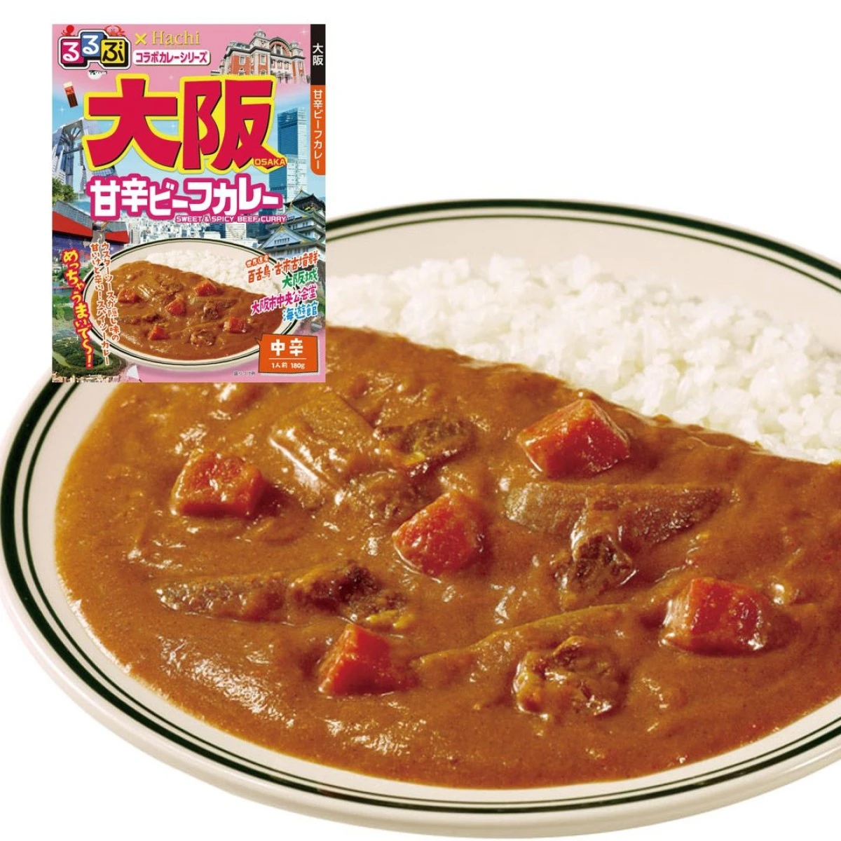 91642x20 【送料無料】 「るるぶ×Hachiコラボカレーシリーズ」 大阪 甘辛ビーフカレー 中辛 180g×20個 ハチ食品